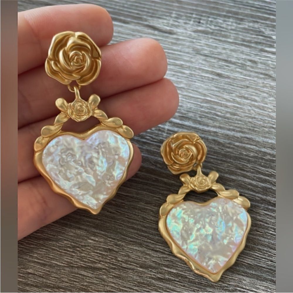 Anthropologie Gold Rose Heart Drop Earrings with Iridescent Inlay - Picture 3 of 5